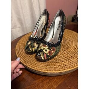 Unlisted Kenneth Cole Floral Peep Toe Platform Pumps Black Patent Bow Heels 8.5